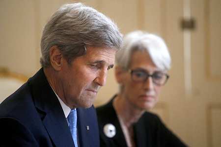 U.S. Secretary of State John Kerry (L) and U.S. Undersecretary for Political Affairs Wendy Sherman at the start of a meeting June 30, 2015 with the Iranian delegation as the teams press ahead with efforts to seal a historic nuclear deal with Iran. (Photo by Carlos Barria/AFP via Getty Images)