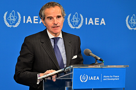 Director-General Rafael Mariano Grossi of the International Atomic Energy Agency (IAEA) briefs journalists after a June 9 meeting of the agency’s board of governors. One issue he discussed was Syria’s decision to give the IAEA unrestricted access to sites in Syria to resolve a yearslong investigation into the country’s nuclear program. (Photo by Dean Calma/IAEA)