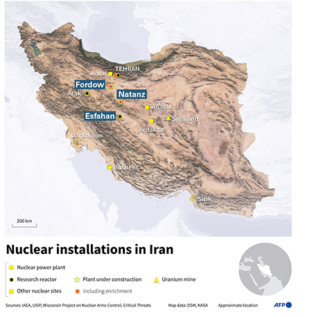 Map identifies nuclear-related facilities in Iran. During a June 21 attack, the United States struck three locations that are highlighted: the Fordow uranium enrichment facility, the Natanz uranium enrichment facility and the Esfahan complex. (Illustration by Sylvie Husson via Getty Images)