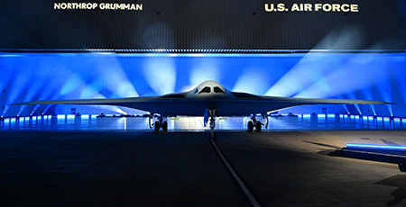 Among the nuclear weapons programs that would sharply raise the fiscal year 2026 U.S. defense budget is the B-21 stealth bomber, which the Trump administration recommended to receive an extra $10.3 billion. (Photo by Frederic J. Brown/AFP via Getty Images)