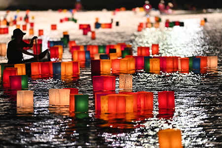 The Peace Message Lantern Floating Ceremony at the Hiroshima Peace Memorial Park pays tribute to the victims of the U.S. atomic bombing on August 6, 1945. This year marked the 80th anniversary of the World War II bombing. (Photo by David Mareuil/Anadolu via Getty Images)