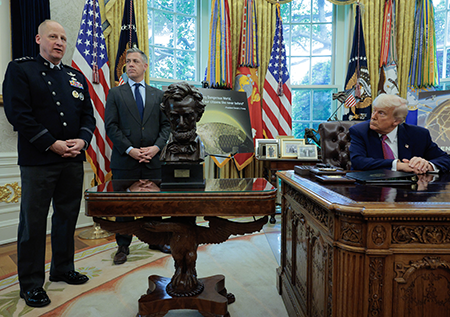 U.S. Space Force Gen. Michael Guetlein (L), who with Rep. Jim Banks (R-IN) met President Donald Trump at the White House in May, said recently he expects to develop within 60 days an “objective architecture” to flesh out Trump’s concept of the missile defense shield. (Photo by Chip Somodevilla/Getty Images)