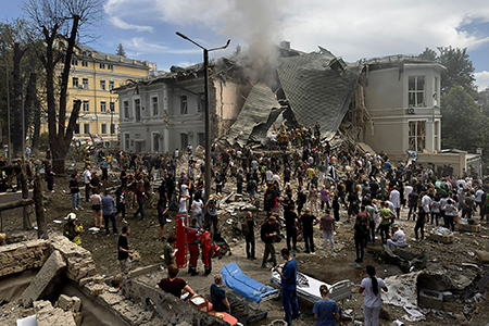The missile strike that destroyed Ohmatdyt Children’s Hospital in Kyiv in July 2024 is among the more shocking attacks by Russia in its three-year-long full-scale war on Ukraine. Writer Christopher F. Chyba says the brutality of Russia’s occupation is a reminder of the potential cost of deterrence failure. (Photo by Roman Pilipey/AFP via Getty Images)