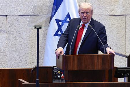 U.S. President Donald Trump, addressing the Israeli Knesset Oct. 13, said it would be “great…if we could make a peace deal” with Iran, but no talks seem imminent. (Photo by Evelyn Hockstein - Pool/Getty Images)