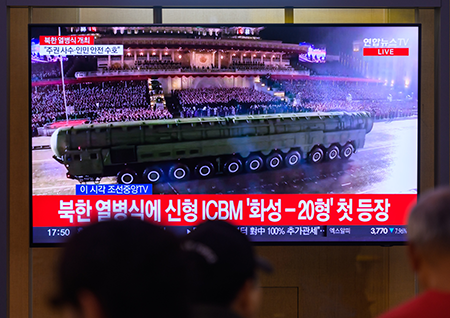 North Korea displays its newly developed Hwasong-20 intercontinental ballistic missile for the first time Oct. 11 at a military parade in Pyongyang marking the 80th anniversary of the founding of its ruling Workers' Party of Korea. (Photo by Kim Jae-Hwan/SOPA Images/LightRocket via Getty Images)