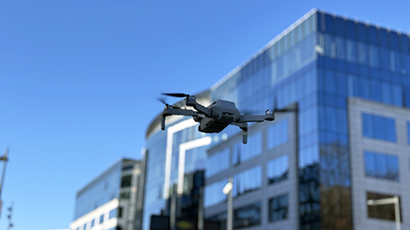 A drone flies against the sky in Brussels as the European Commission, concerned that drones are proliferating and redefining warfare, plans to launch a drone defense initiative in the first quarter of 2026 and make it operational by the final quarter of the year. (Photo by Dursun Aydemir/Anadolu via Getty Images