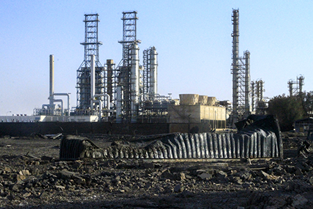 The heavily damaged facilities of the Jaili Oil Refinery, Sudan’s largest, near Khartoum. France 24 news organization reported that Sudan army forces dropped barrels of chlorine gas from the sky in an attempt to recapture the facility from the Rapid Support Forces militia. (Photo by Ebrahim Hamid/AFP via Getty Images)