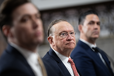 Robert Kadlec (C), nominee to be assistant secretary of defense for nuclear deterrence, chemical and biological defense policy and programs, testifies during his Senate Armed Services Committee confirmation hearing in November. Later confirmed, he holds a new position as central policy lead for nuclear weapons matters. (Photo by Tom Williams/CQ-Roll Call, Inc. via Getty Images)