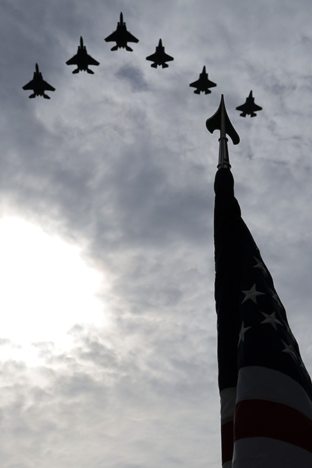 F-35 and F-15 fighter jets perform a flyover in the skies above Washington, D.C. in November. U.S. President Donald Trump’s new arms sale strategy, which prioritizes allies who invest in their own defense, have called into question whether NATO and other partners will continue to buy U.S.-made weapons or instead build their own. (Photo by Chip Somodevilla/Getty Images)
