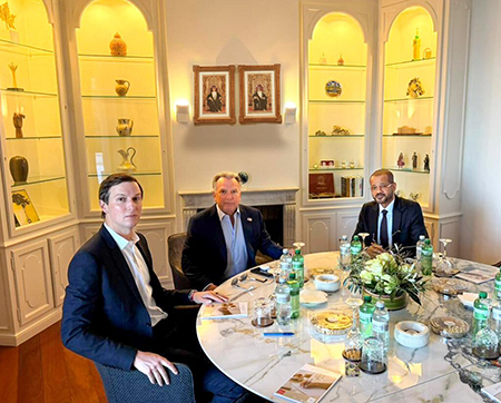 U.S. President Donald Trump’s special representative for the Middle East, Steve Witkoff (C), and Trump’s son-in-law and adviser Jared Kushner (L) meet Omani Foreign Minister Badr bin Hamad Al Busaidi, who is mediating between the parties in the third round of Iran-U.S. negotiations held February 26 in Geneva. (Photo by Oman Foreign Ministry/Handout/Anadolu via Getty Images)