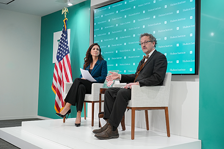 U.S. Assistant Secretary of State Christopher Yeaw, who handles the arms control and nonproliferation portfolio, discussed NPT issues February 17 with Rebeccah Heinrichs, senior fellow and director of the Keystone Defense Initiative at the Hudson Institute, Washington, D.C. (Photo courtesy of The Hudson Institute)