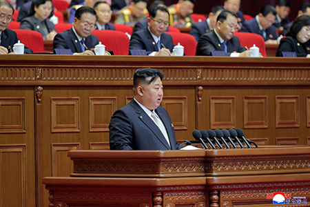 North Korean leader Kim Jong Un speaks to the Ninth Party Congress, which sets national priorities, Feb. 21 in Pyongyang, according to a photo released by the official Korean Central News Agency via KNS. (Photo by KCNA VIA KNS / AFP via Getty Images)