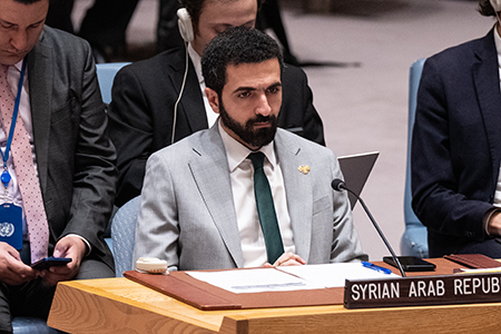Syrian Ambassador to the UN Ibrahim Olabi of Syria attends UN Security Council meeting on the situation in Lebanon March 11, one day after announcing his government’s plan to demilitarize the state’s chemical weapons program. (Photo by Lev Radin/Pacific Press/LightRocket via Getty Images)