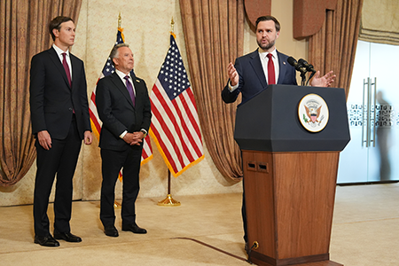 U.S. Vice President JD Vance speaks at a news conference in Islamabad, Pakistan, April 12, as Jared Kushner (L) and Steve Witkoff, special envoy for peace missions, stand by. The delegation was in the Pakistani capital meeting Pakistani and Iranian officials on ways to end U.S. and Iranian military strikes on Iran, end a blockade of the Strait of Hormuz and resolve tensions over Iran's nuclear program. (Photo by Jacquelyn Martin - Pool/Getty Images)