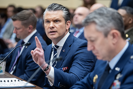 U.S. Defense Secretary Pete Hegseth (C) and Chairman of the Joint Chiefs of Staff Dan Caine (R) testify April 29 during the House Armed Services Committee hearing on the Pentagon’s fiscal year 2027 budget request. (Tom Williams/CQ-Roll Call, Inc via Getty Images)