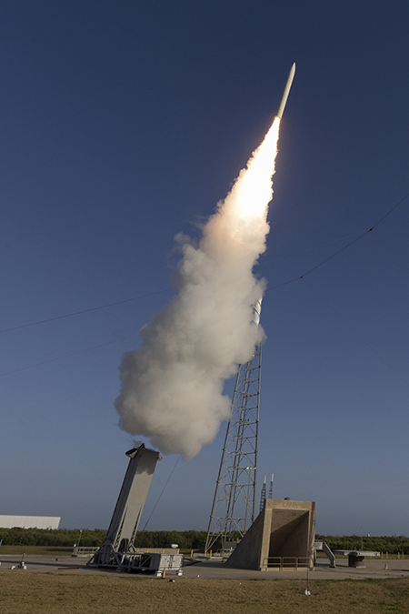 The U.S. Navy launches a test flight of a conventional hypersonic missile from Cape Canaveral, Fla. May 2025. The Navy plans to vastly expand its hypersonic arsenal, including buying 4,500 intermediate-range hypersonic missiles through fiscal 2031, at a total cost of $10.1 billion, according to the Pentagon’s budget request for 2027. (Photo by U.S. Navy)
