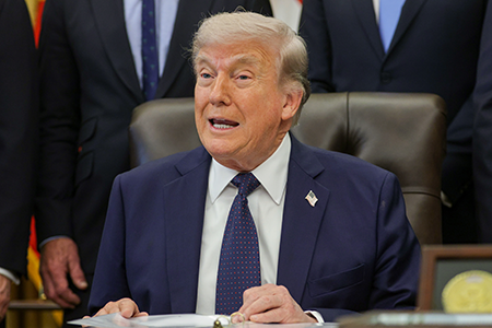 During an event in the Oval Office April 23, U.S. President Donald Trump, answering a reporter’s question, said he would not use a nuclear weapon against Iran. “A nuclear weapon should never be allowed to be used by anybody,” he said. (Photo by Alex Wong/Getty Images)