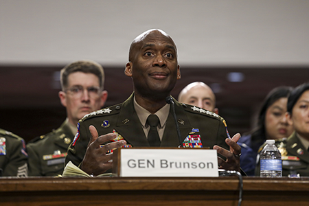 U.S. Army Gen. Xavier Brunson, commander of U.S. Forces Korea, tells a Senate Armed Services Committee hearing Apr. 21 that the United States is shipping some Terminal High Altitude Defense Systems interceptor missiles to the Middle East but the systems themselves are expected to remain in South Korea. (U.S. Army photo by Sgt. Daniela Lechuga Liggio)