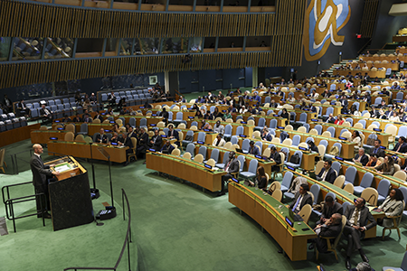 As the 2026 nuclear Nonproliferation Treaty Review Conference opened in New York April 27, the United States and Iran clash over Tehran’s nuclear program and its selection to be one of dozens of vice presidents at the month-long conference. (Photo by Angela Weiss / AFP via Getty Images)