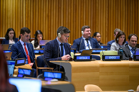 Delegates representing states-parties to the nuclear Nonproliferation Treaty listen May 11 to proceedings of the 2026 NPT Review Conference at UN headquarters in New York. (UN Photo/Loey Felipe)