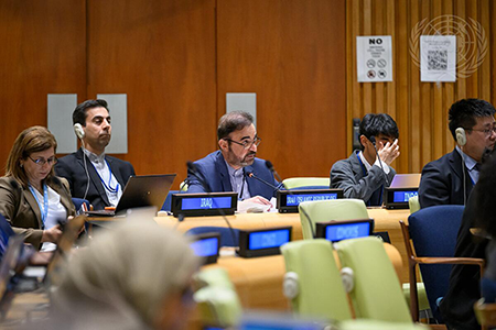 A representative of Iran speaks May 6 during a meeting of the 2026 nuclear Nonproliferation Treaty Review Conference in New York. The U.S.-Israeli war against Iran was a central disputed topic at the meeting. (UN Photo/Loey Felipe)