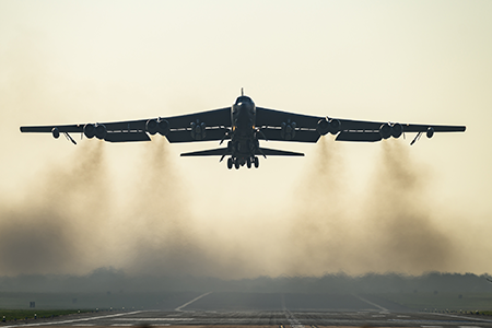 The U.S. Air Force plans to assess options for a new heavy bomber that could replace the B-52H, according to Air Force research and development budget documents. This B-52 Stratofortress strategic bomber is seen taking off March 19 from RAF Fairford. (Photo by Leon Neal/Getty Images)