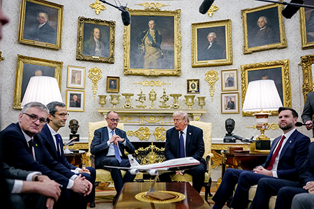 U.S. President Donald Trump (C, R) receives German Chancellor Friedrich Merz at the White House March 3 along with senior officials of both governments. Merz’s criticism of the U.S.-Israeli war against Iran has led Trump to reverse a commitment to deploy an intermediate-range, ground-launched missile unit to Germany. (Photo by Kay Nietfeld/picture alliance via Getty Images)