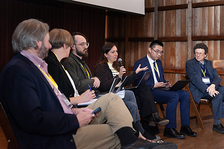 Alison Berke, chemical and biological weapons nonproliferation program director at the James Martin Center for Nonproliferation Studies, speaks at the conference on artificial intelligence and nuclear and biological security organized by the center in April. Other panelists, from left, are: Douglas B. Shaw, Zoe Gastelum, Stephen Herzog, Yanliang Pan, and William C. Potter (Photo courtesy of the James Martin Center for Nonproliferation Studies)