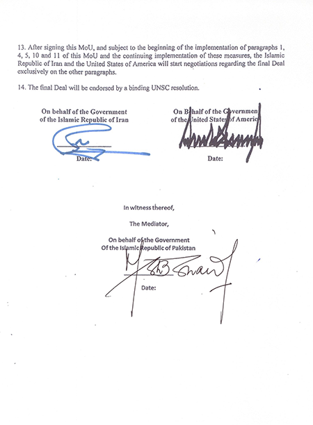 A screen grab of signatures of Iranian President Masoud Peshezkian (L) and U.S. President Donald Trump on memorandum of understanding that they signed June 17. (Photo by Iranian President’s X account/Anadolu via Getty Images)