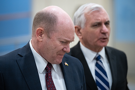 The fiscal year 2027 National Defense Authorization Act approved by the Senate Arms Committee June 10 includes provisions on autonomous weapons and artificial intelligence that largely tracks language introduced by U.S. Senators Chris Coons of Delaware (L), and Jack Reed of Rhode Island, senior leaders on the Senate defense appropriations subcommittee and the Senate Armed Services Committee, respectively. (Photo by Bill Clark/CQ-Roll Call, Inc via Getty Images)