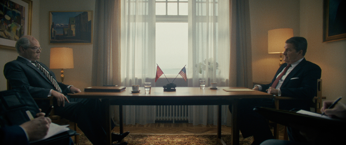 The 1986 Reykjavik summit between Soviet leader Mikhail Gorbachev (L), played by Jared Harris in the new movie, “The Brink of War,” and U.S. President Ronald Reagan (Jeff Daniels) was the "most dramatic and consequential discussion of nuclear danger since the 1962 Cuban missile crisis," writes reviewer David E. Hoffman. (Photo courtesy of Hofdi House, LLC.)