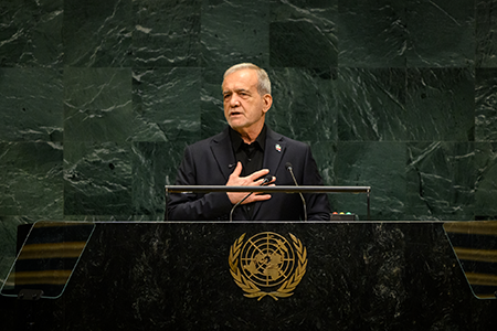 Iranian President Masoud Pezeshkian delivers remarks at the 2026 UN General Assembly, where U.S. and Israeli military strikes of Iran were a complicating factor as they were at the 2026 nuclear Nonproliferation Treaty Review Conference earlier in the year. (UN photo by Loey Felipe)