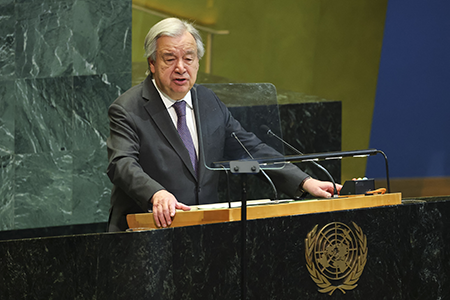 UN Secretary-General António Guterres was among those at the 2026 nuclear Nonproliferation Treaty Review Conference at UN headquarters who warned that nuclear threats were being compounded by rapidly evolving technologies, including AI. (Photo by Angela Weiss / AFP via Getty Images)