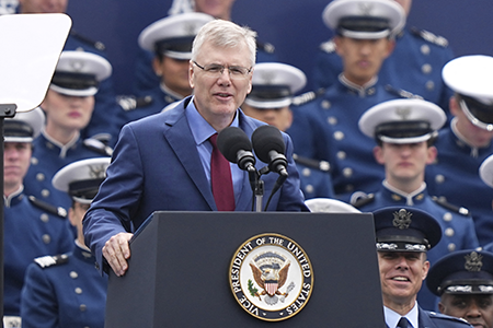 U.S. Secretary of the Air Force Troy Meink, shown addressing the 2026 U.S. Air Force Academy graduation, acknowledged the deployment of U.S. weapons in space at a September 14 event near Washington organized by the Air & Space Forces Association. (Photo by Matt Rourke / POOL / AFP via Getty Images)