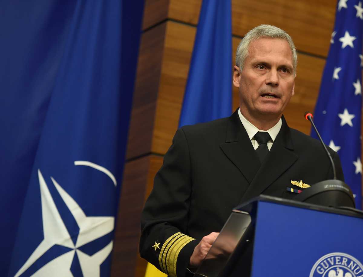 US Vice Admiral James Syring, Director of the Missile Defence Agency, delivers a speech at the Romanian Foreign Ministry during a ceremony declaring the technical capability of missile facility Aegis Ashore at the military base Deveselu, in Bucharest on December 18, 2015. (Photo: DANIEL MIHAILESCU/AFP/Getty Images)