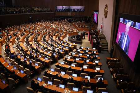 US President Donald Trump (C) addresses the National Assembly in Seoul on November 8, 2017. Trump's marathon Asia tour moves to South Korea, another key ally in the struggle with nuclear-armed North Korea, but one with deep reservations about the US president's strategy for dealing with the crisis. (Photo: JIM WATSON/AFP/Getty Images)
