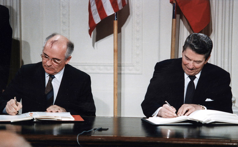 President Reagan and General Secretary Gorbachev signing the INF Treaty in the East Room of the White House. (Photo: Ronald Reagan Presidential Library)