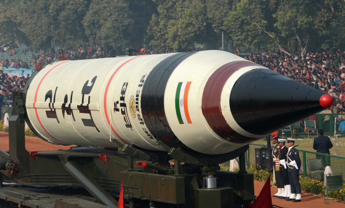 An Agni-5 missile is displayed on January 23, 2013, during a rehearsal for the Indian Republic Day parade in New Delhi three days later. (Photo: Raveendran/AFP/Getty Images)