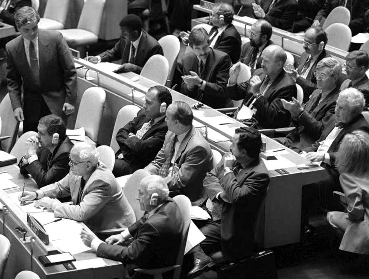 Nuclear Nonproliferation Treaty states-parties vote to extend the treaty indefinitely May 11, 1995 at UN Headquarters in New York. (Jon Levy/AFP/Getty Images)