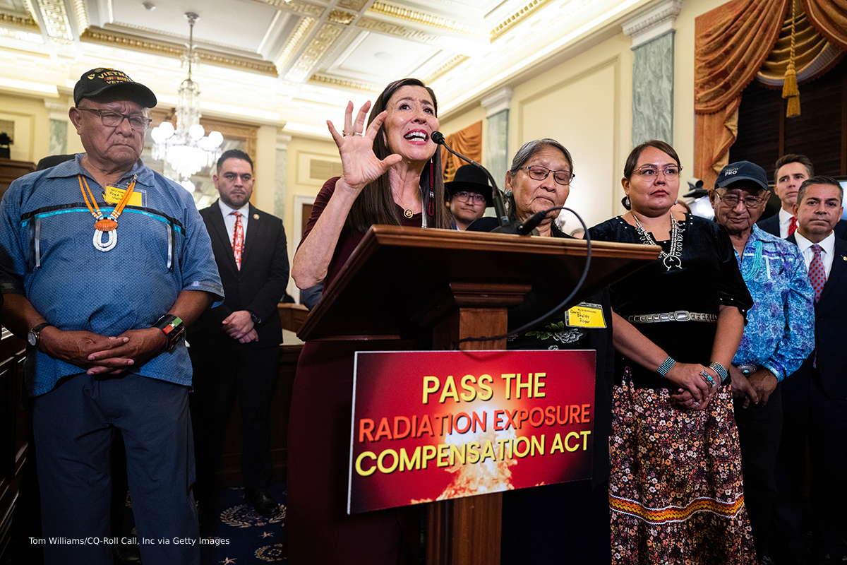 Rep. Teresa Leger Fernandez, D-N.M., speaks during a news conference to call for passage of the Radiation Exposure Compensation Reauthorization Act in Russell building on Tuesday, September 24, 2024. The bill would provide health screenings and financial assistance to those sickened by radiation exposure which includes uranium mining and nuclear weapons testing. (Tom Williams/CQ-Roll Call, Inc via Getty Images)