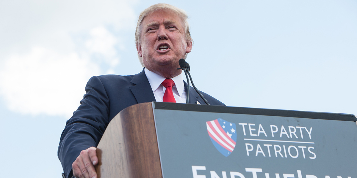 Then-candidate Donald Trump spoke at a rally against the Iran nuclear deal in Washington, DC, Sept. 9, 2015. (Photo: Nicholas Kamm/AFP/Getty Images)