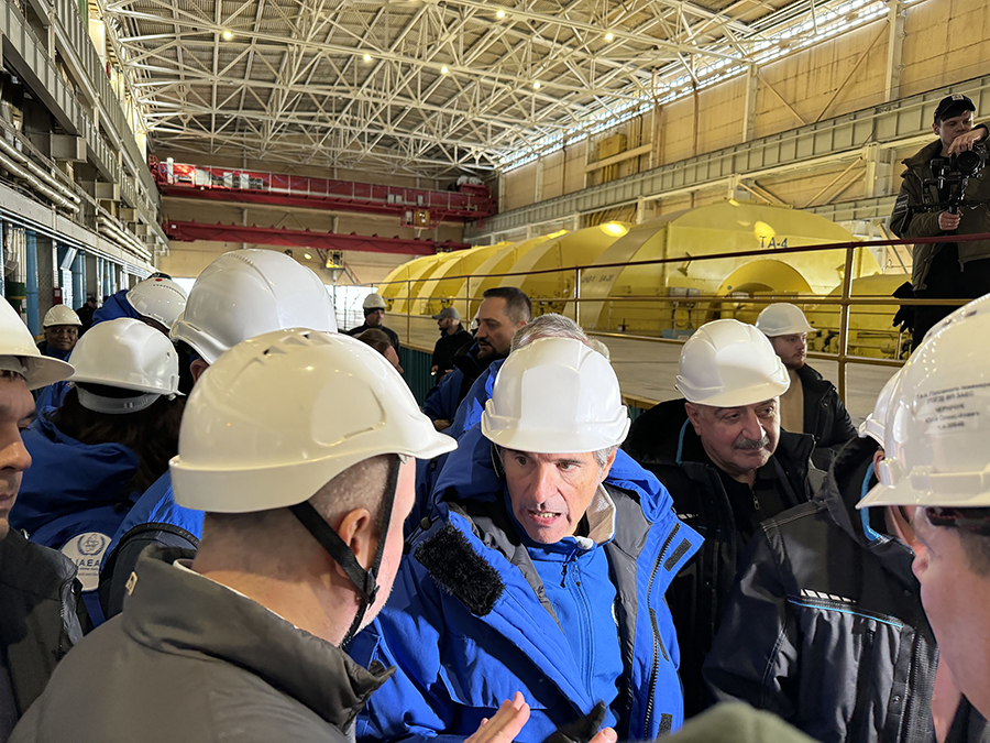 Rafael Mariano Grossi (C), director-general of the International Atomic Energy Agency (IAEA), visited the Zaporizhzhia Nuclear Power Plant on Feb. 7, a week after Russia announced that workers employed by Energoatom, the Ukrainian nuclear energy company, would no longer be allowed to work at the site. (Photo by Fredrik Dahl/IAEA)
