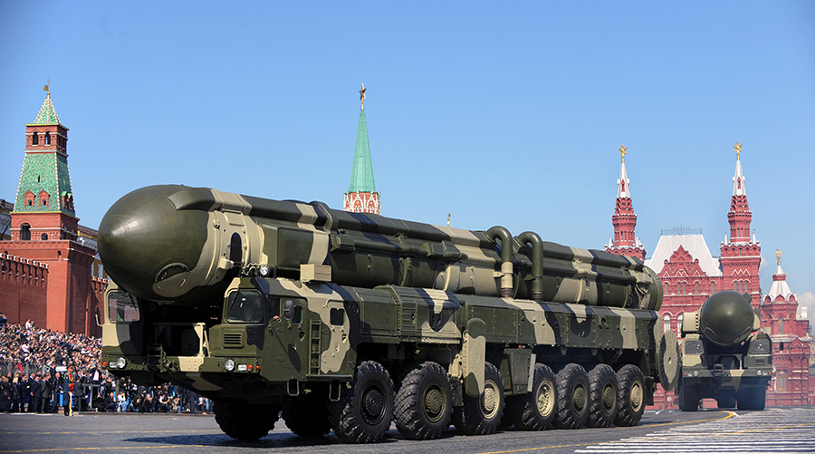 A Russian Topol-M intercontinental ballistic missile on display in Red Square  in Moscow in 2009. (Photo by Dmitry Kostyukov/AFP via Getty Images)